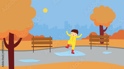 Boy playing in a puddle in the park. Vector illustration.