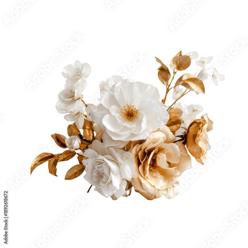 White and gold flowers bouquet isolated on a transparent background