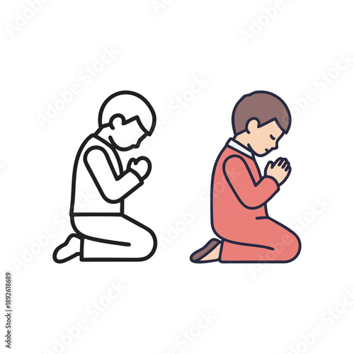 Two people kneeling in prayer from a side viewpoint, illustration
