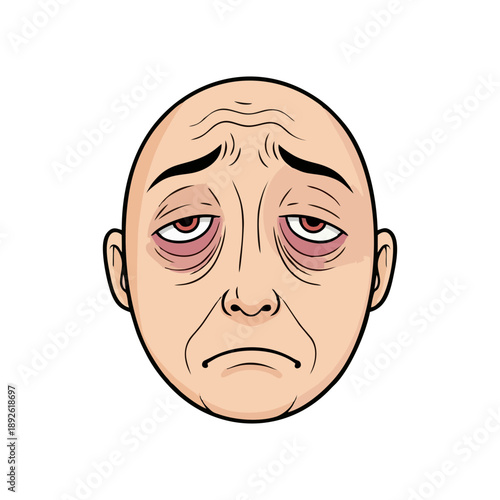 A cartoon illustration of a bald man's face with a sad expression, showing tired eyes and wrinkles from a frontal viewpoint.