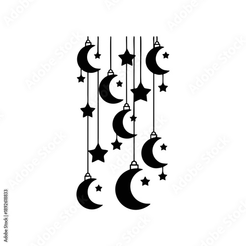 Elegant black celestial decoration featuring an array of hanging crescent moons and sparkling stars, perfect for adding a mystical and dreamy touch to design projects or digital art