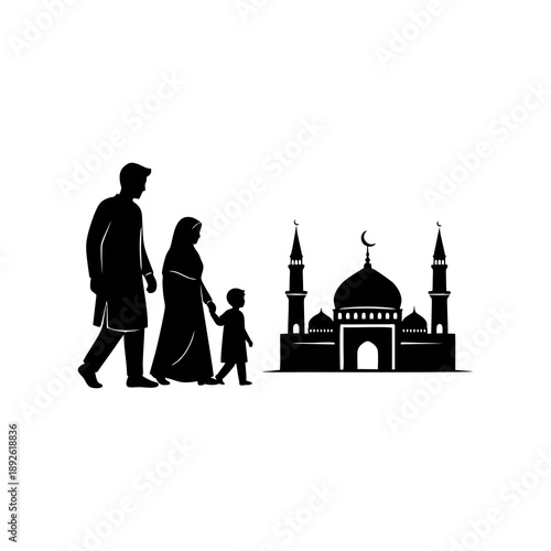 Stylized Vector Artwork of a Devout Family, Including a Father, Mother, and Child, Progressing Towards a Sacred Mosque, Emblematic of Religious Observance, Family Bonds, and Community