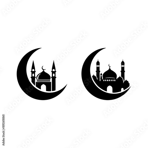 Stylized vector icons featuring crescent moons cradling mosque silhouettes, perfect for Islamic religious celebrations and spiritual designs representing faith and tradition for greetings and banners