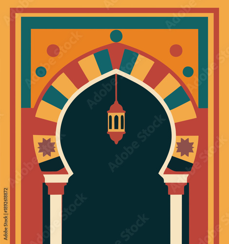 Decorative Islamic archway illustration with a hanging lantern, displaying traditional geometric patterns in warm earthy colors, for cultural celebrations