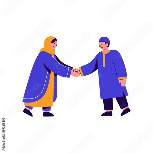 Muslim man and woman shaking hands in traditional clothing, celebrating Eid al-Fitr or other Islamic holiday