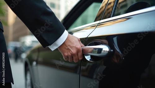 Man in black suit opens luxury car door. Person with wristwatch, cufflink, closes car door handle. Upscale transport, chauffeur service, business travel.