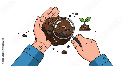 Hands Holding Soil Sample With Worms Being Inspected By A Magnifying Glass For Soil Health Analysis.