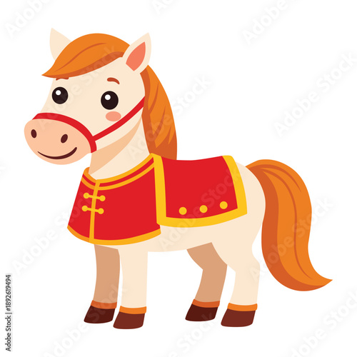 A cartoon horse wearing a red and yellow saddle blanket and bridle stands against a white background with a cheerful expression.