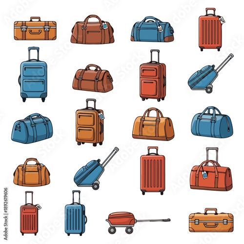 Collection of Various Suitcases and Luggage Bags.