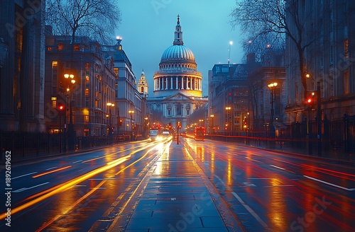 St Pauls Cathedral London Street Scene at Dusk with Traffic Lights and Motion Blur city