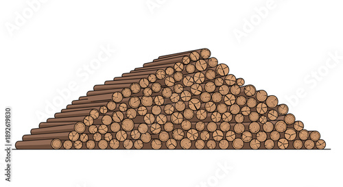 Massive Triangular Pile Of Stacked Wooden Logs Isolated On White Background Representing Timber Forestry Storage.