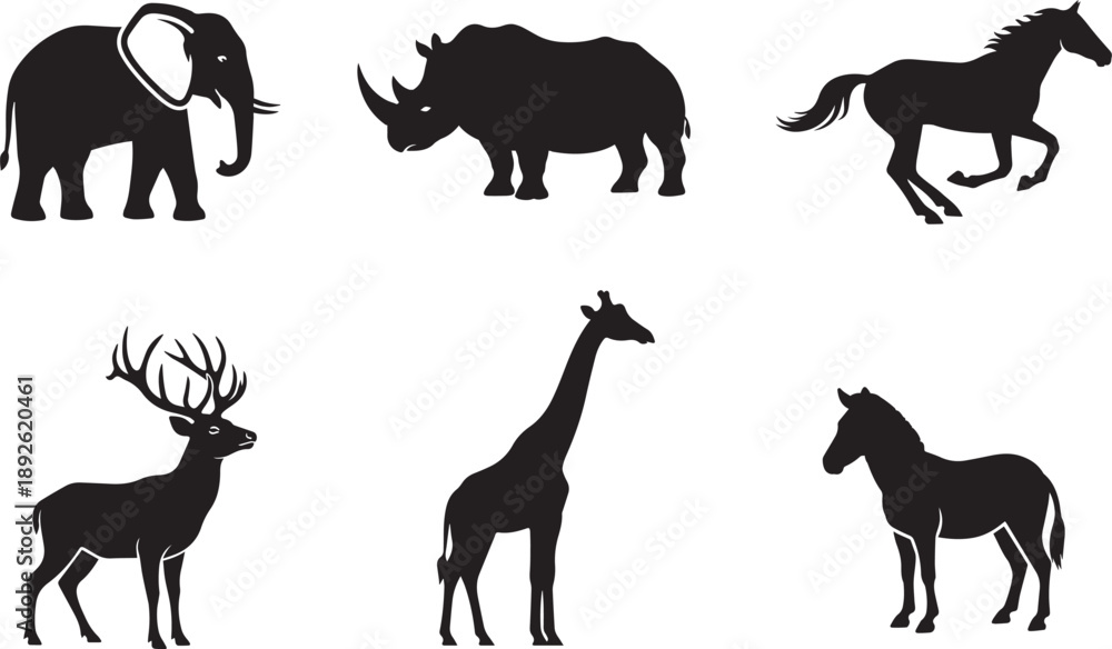 Obraz premium Collection of black animal silhouettes: elephant, rhino, deer, giraffe, horse, and zebra