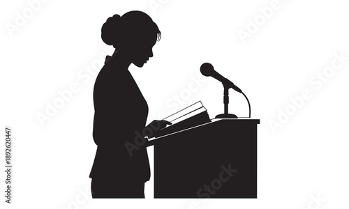 Silhouette of a businesswoman speaking at a podium with a microphone