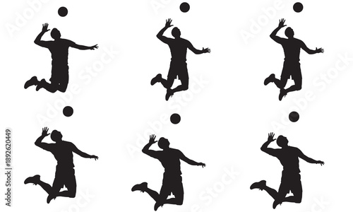 Multiple silhouettes of volleyball players jumping to spike ball