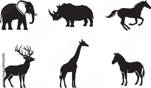Collection of black animal silhouettes: elephant, rhino, deer, giraffe, horse, and zebra