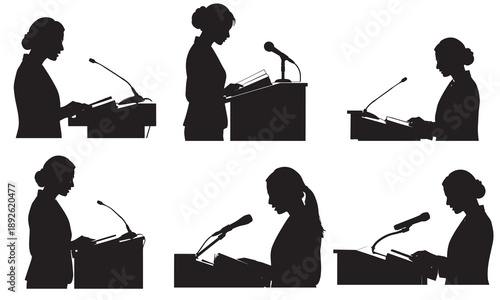 Multiple silhouettes of a businesswoman speaking at a podium