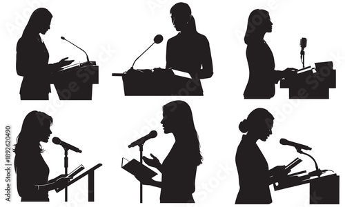 Collection of silhouettes of women speaking at podiums with microphones