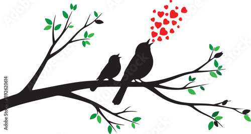 A tender moment between two bird silhouettes on a leafy branch, one singing a cascade of hearts