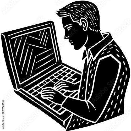 Silhouette of coder typing at laptop, tech vector isolated on White Background