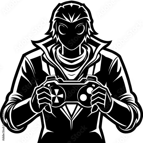 Silhouette of gamer holding controller, gaming vector isolated on White Background