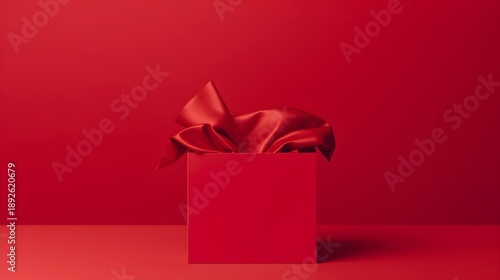Red gift box with golden ribbon on vibrant red background minimalist luxury celebration present packaging mockup