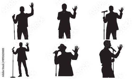 Set of silhouettes of men with microphones and raised hands in different poses.