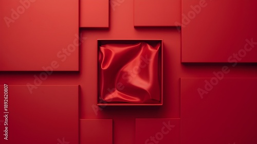 Minimalist red gift box on dark maroon wooden surface with soft lighting luxury present packaging concept
