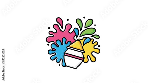 Colorful paint splashes emerging from an overturned bucket viewed from above in a creative illustration