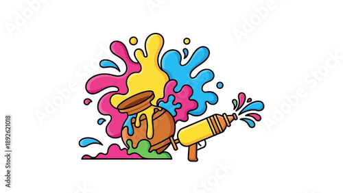 Vibrant paint splatters and artistic creativity with paint cans, sprayers, and colorful designs