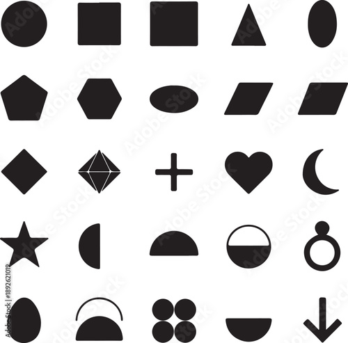 A collection of diverse black geometric and abstract shapes on a pristine white background