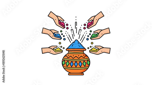 Four hands exchanging colorful objects around a vibrant pot with geometric patterns