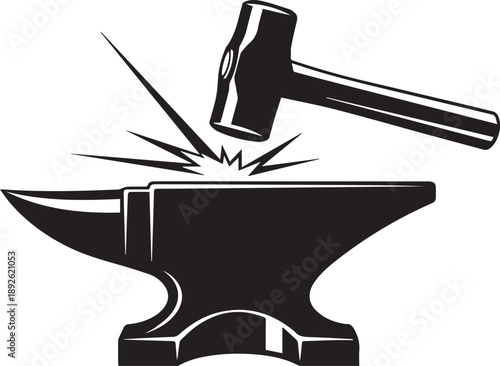 Blacksmith anvil being struck by a hammer, creating sparks, symbolizing craft and industry
