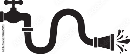 Water faucet with a connected garden hose and a spraying nozzle, ready for use