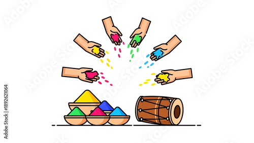 Hands throwing colorful powders from cups towards a drum in a vibrant celebration scene from a top viewpoint