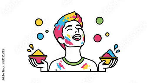 Man juggling colorful ice cream cones with paint splatters on face and shirt in playful illustration