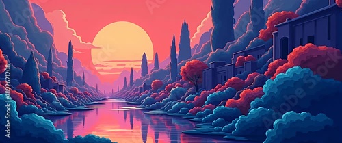 Serene sunset over a tranquil river flanked by vibrant trees, with gentle water reflections; cinematic slow pan capturing the peaceful ambiance and warm, colorful landscape.