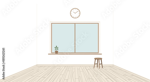 Bright Airy Empty Room With Large Window Clock And Small Wooden Stool Isolated On White Background.