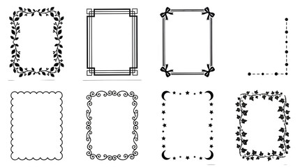 Decorative frame set including floral, geometric, ribbon, scalloped, and celestial borders isolated. Stationery and invitation design elements.