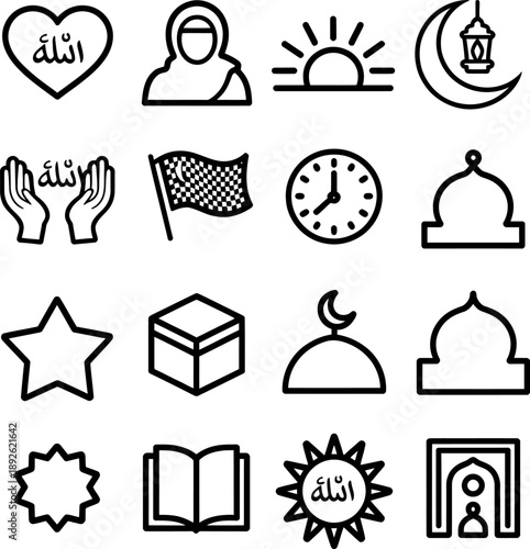 This black-and-white icon grid features 16 Islamic symbols including Allah, hijab, mosque, Kaaba, Quran, and prayer—ideal for religious education, cultural branding, and spiritual design themes.