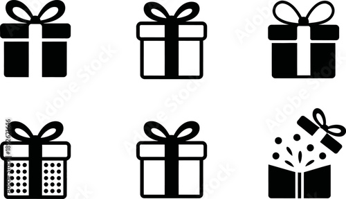 This black-and-white icon grid features six stylized gift boxes with ribbons, bows, and confetti—ideal for festive design, celebration branding, and holiday-themed creative visuals.