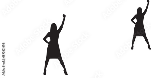 Two silhouettes of women in dresses, one with fist raised in empowerment pose.