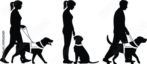 Silhouette of visually impaired people walking with guide dogs, assistance animals supporting blind men and women, mobility aid concept, independence, accessibility, service dog training illustration