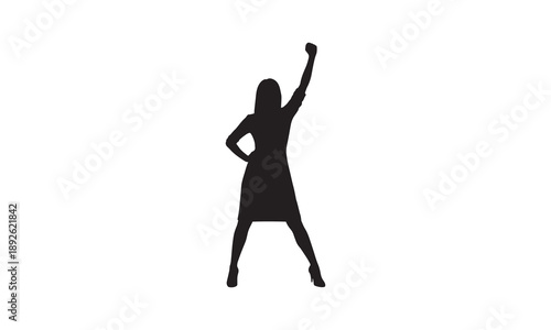 Silhouette of a woman in a dress with fist raised in empowerment pose, confident.