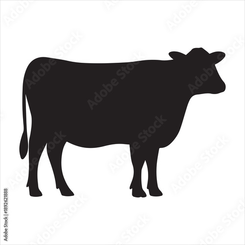 Silhouette of a black cow standing in a field, farm animal illustration