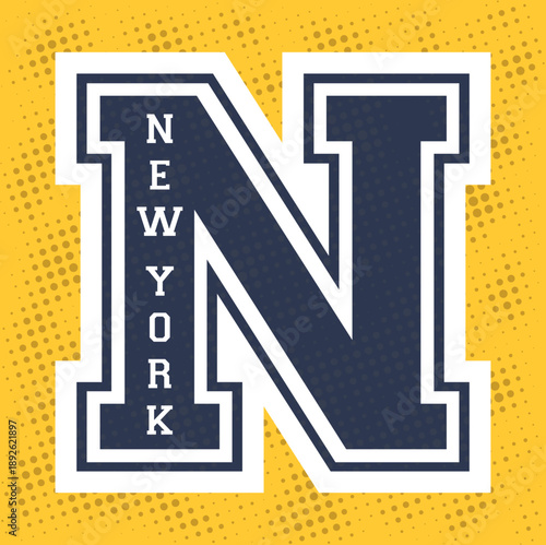 New York varsity style letter N typography design with halftone pattern. Retro vintage college varsity style. For t shirt, embroidery, applique, denim, hoodies, poster, clothing. Vector illustration