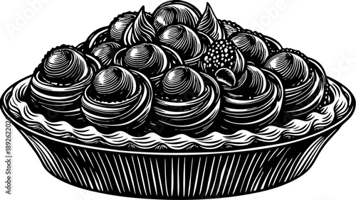 Very beautiful close-up of an elegant chocolate dessert topped with whipped cream and chocolate balls, highlighting smooth textures, layered sweetness, and refined dessert presentation.