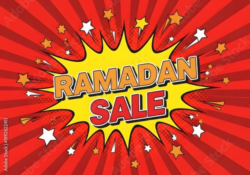 A vibrant Ramadan sale advertisement with a red and yellow background