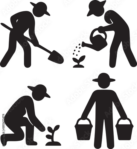 Gardener working planting watering digging silhouettes