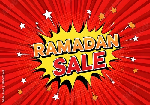 A vibrant Ramadan sale advertisement with a red and yellow background