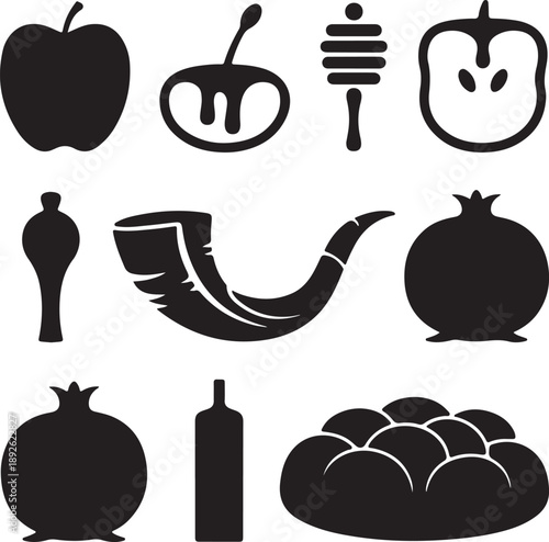 Jewish icons, rosh hashanah, new year, shofar horn, apple honey, pomegranate fruit, challah bread, religious holiday